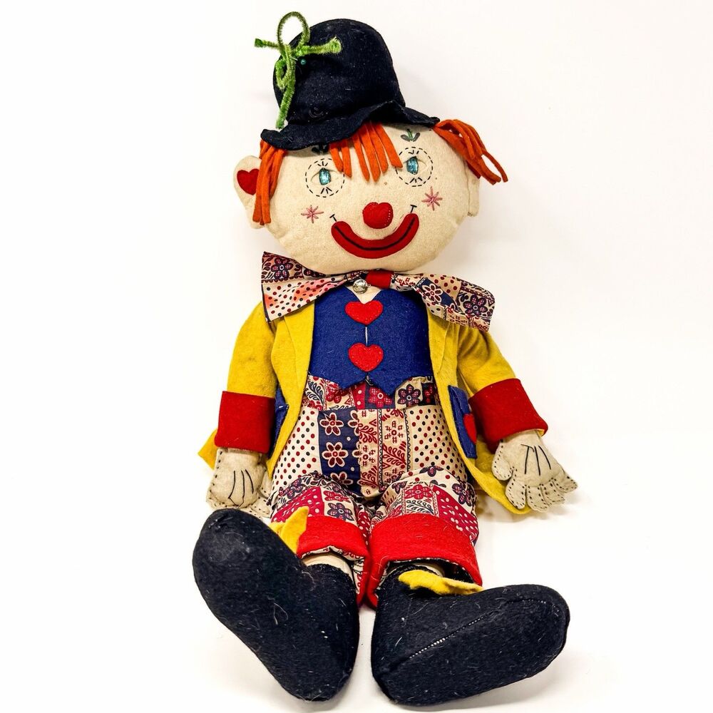 Vintage 26” Handmade Felt Fabric Clown Doll Folk Art Whimsical Happy Clown